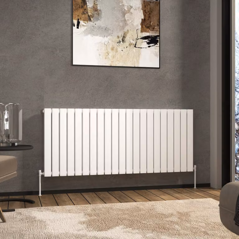 Aurexa White Horizontal Designer Double Flat Panel Steel Radiator, W: 142.8 cm, H: 60 cm