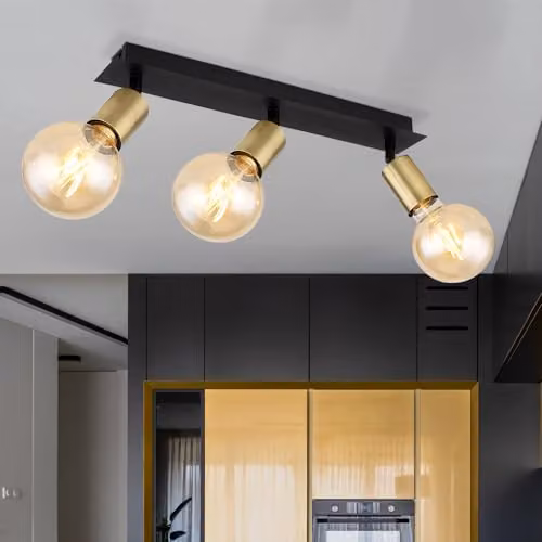 Globo Lighting Black and Gold/Brass Metal Adjustable 3-Bulb Ceiling Spotlight for Living Rooms, 3x E27, W/D/H: 120 x 40 x 12 cm – 3