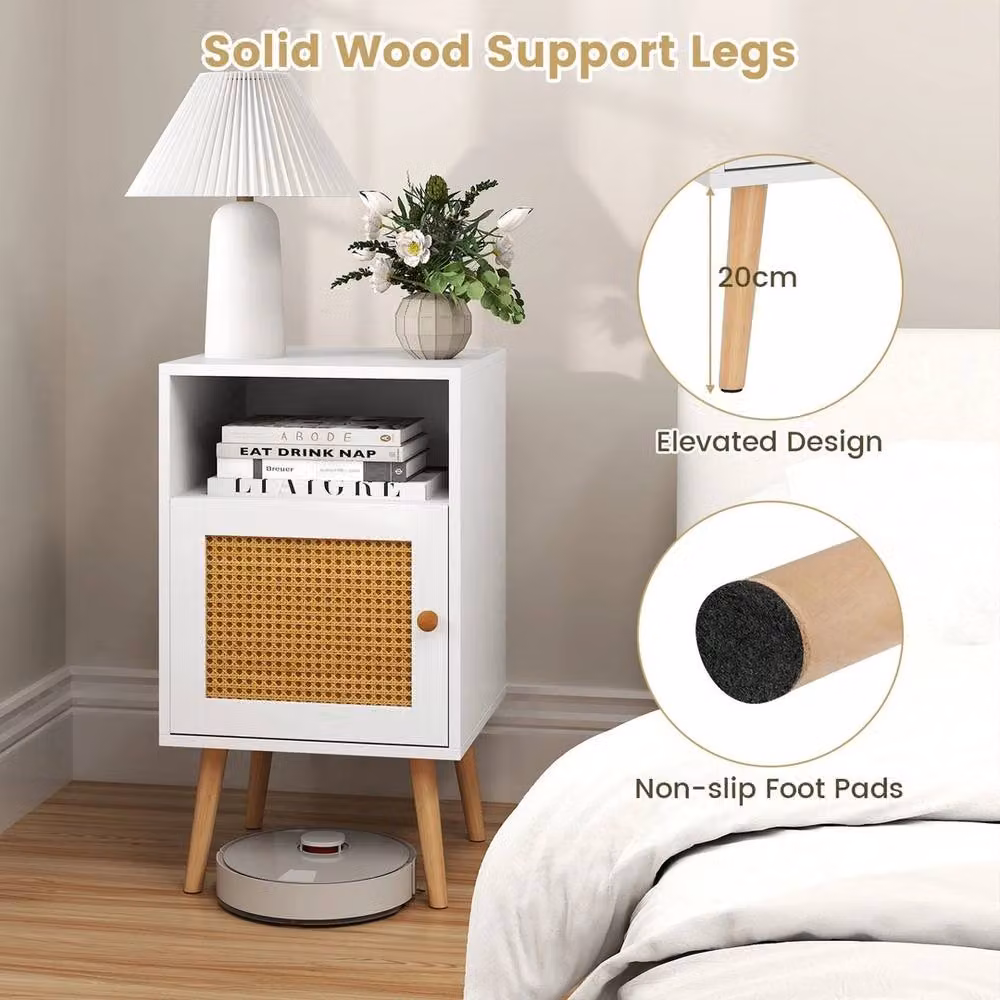 FORGEVIO Bedroom Bedside Table with Rattan Decorated Storage Door in White – 4