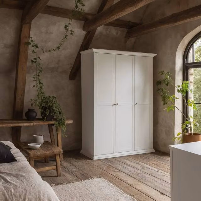 Wyld Haus Osaka White Wooden 3 Door Wardrobe with Internal Shelves and Hanging Rod