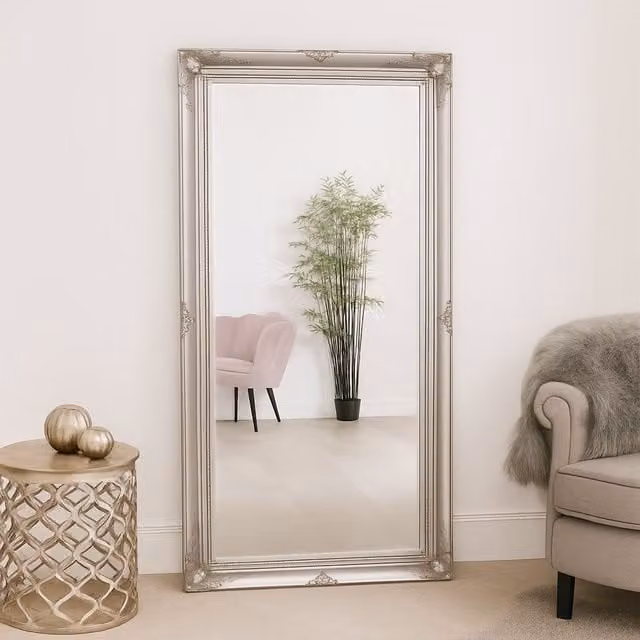 Melody Maison Large Ornate Silver and White Vintage Wall or Floor Mirror, H: 158 cm, W: 78 cm