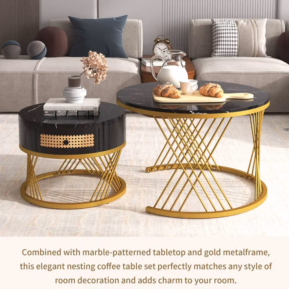 ModernLuxe 2-in-1 Round Coffee Table with Marble Top and Rattan Drawers in Black – 6