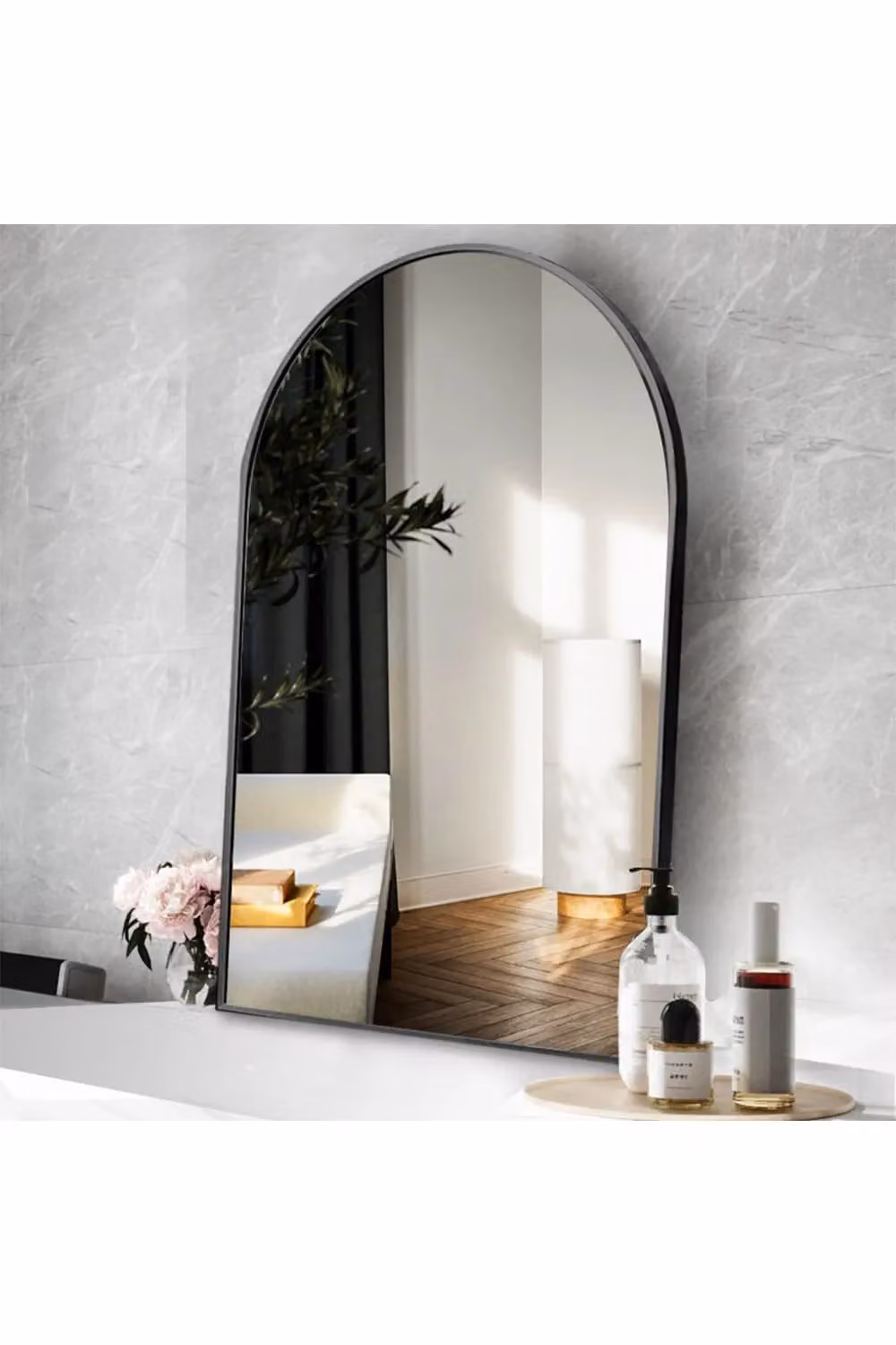 Living and Home Modern Arched Metal Frame Bathroom Wall Mirror in Black, W/H: 50 x 70 cm – 1