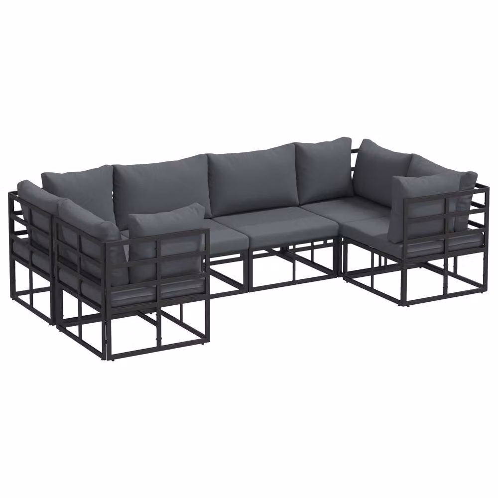 Berkfield Home 6 Piece L-Shape Garden Sofa Set in Black Powder Coated Aluminium with Upholstered Cushions – 2