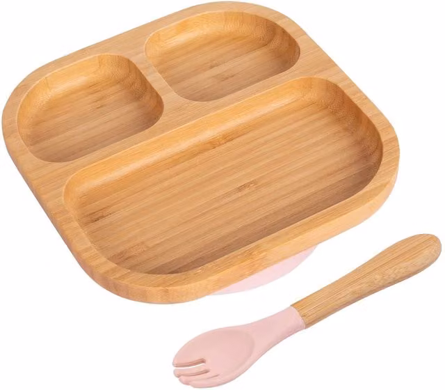 Tiny Dining Bamboo Segmented Baby Weaning Plate and Fork Set in Pink – 1