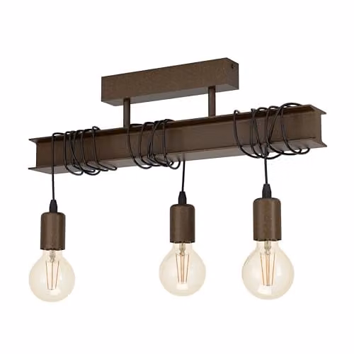 Eglo Townshend 4 Industrial Pendant Light, Brown Metal, 3-Light Bar Design – 1