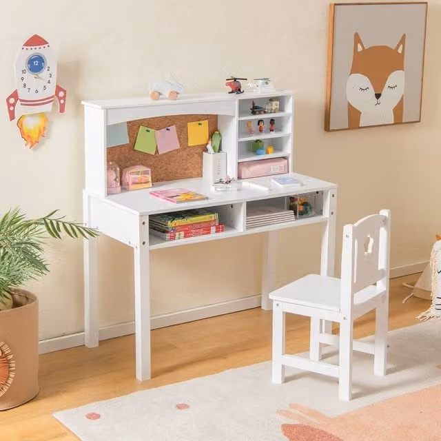 Costway White Wooden Kids Desk and Chair Set