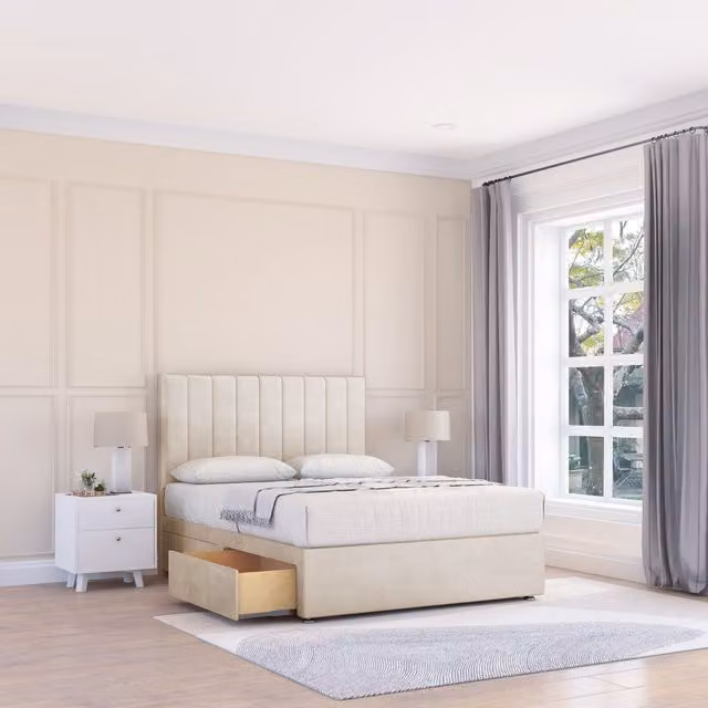 Sloomy Kansas Small Double Divan Bed Base with 4 Drawers and 26 inch Struts Headboard in Beige Fabric, W/D/H: 120 x 200 cm