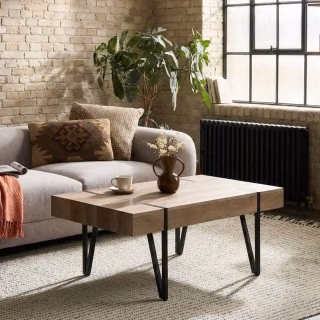 Wyld and Coco Industrial Rectangular Coffee Table with Brown MDF Top and Black Metal Legs, W: 110 cm, D: 60 cm, H: 40 cm – 1
