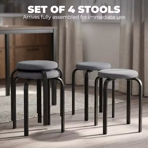 HOMCOM Set of 4 Modern Stackable Cushioned Stools in Grey – 3
