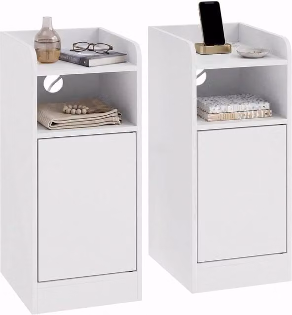 KORVIXA White Slim Bedside Table Set of 2 with Charging Station in Warm White