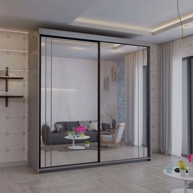 4U Modish Grey Full Mirror Sliding Door Wardrobe W: 150 cm, H: 217 cm