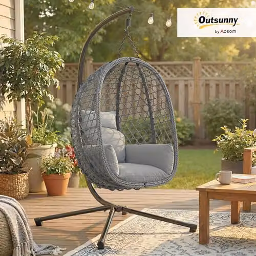 Outsunny Rattan Hanging Egg Chair with Stand in Dark Grey – 2