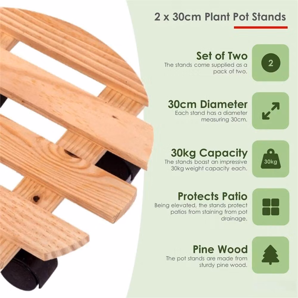 VOGREX 2-Piece Brown Wooden Mobile Plant Pot Trolley and Flower Stands, Diameter: 30 cm – 2