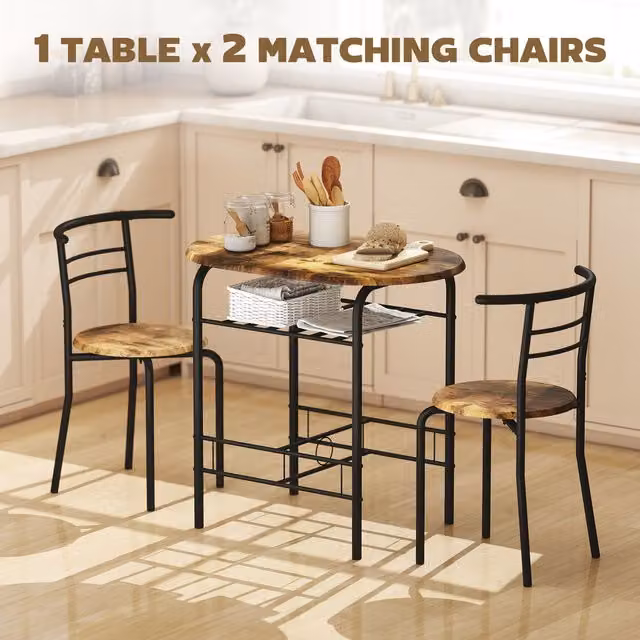 HOMCOM 3-Piece Round Dining Table and Chairs Set with Shelf in Rustic Brown