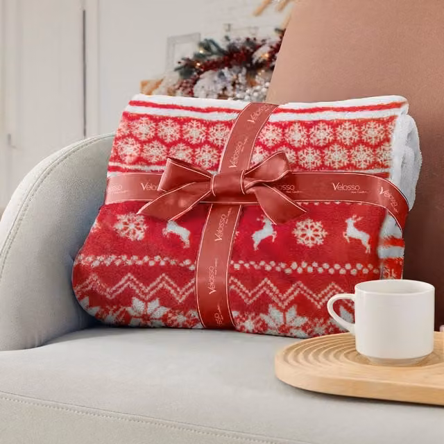 Velosso Teddy Soft Nordic Printed Sherpa Reverse Fleece Throw in Red