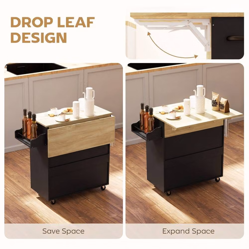 HOMCOM Black Kitchen Island with Drop Leaf and Rolling Storage Trolley – 3
