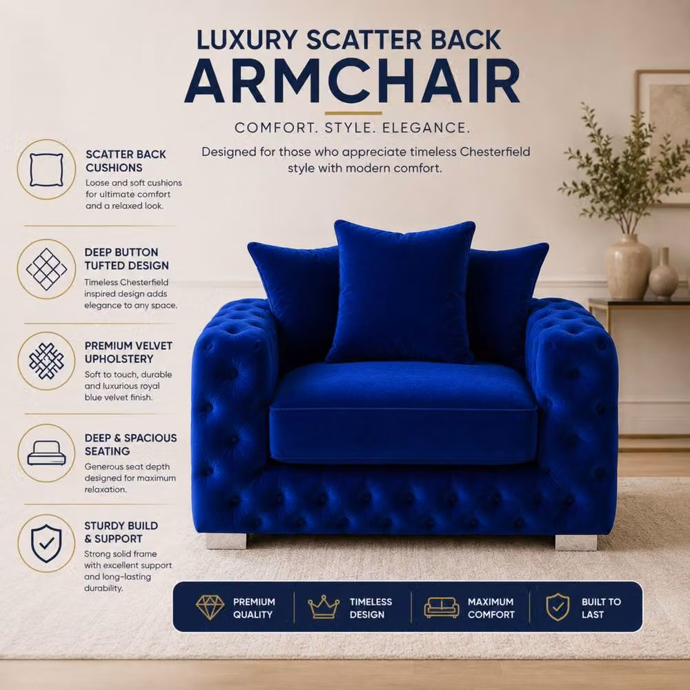 Stratus Interiors Ashley Chesterfield Scatter Back Plush Velvet Fabric Armchair in Royal Blue – 4