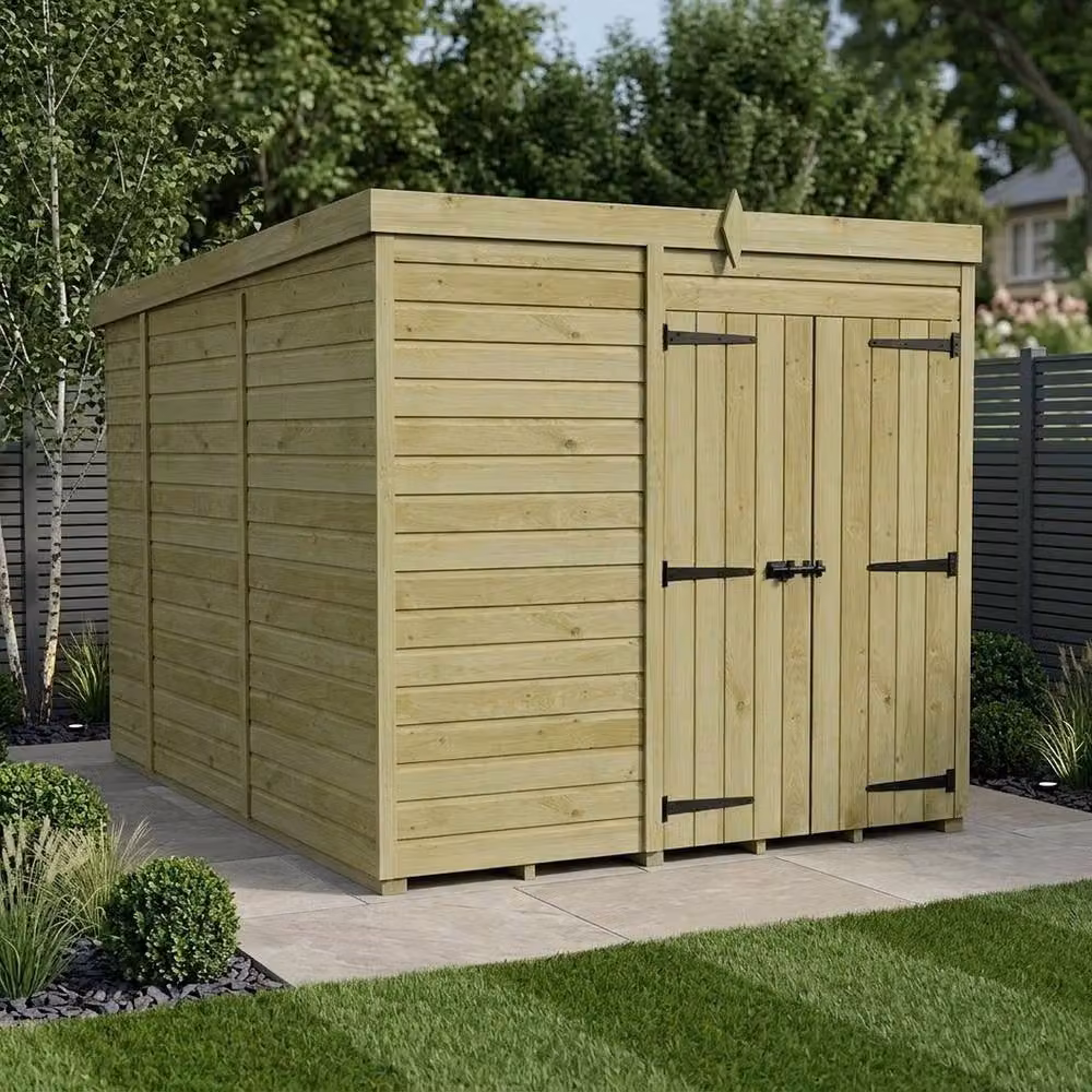 Buttercup Farm Pent Garden Shed in Brown Timber with Double Doors and No Windows, W/D/H: 304.8 x 213.36 x 213 cm – 2