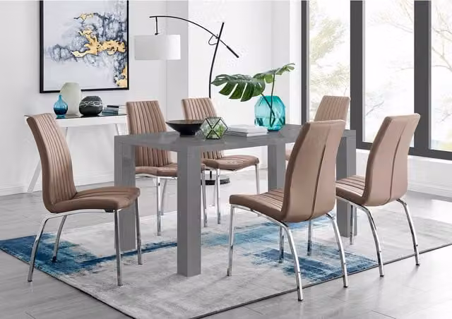 FurnitureboxUK Pivero Grey High Gloss Rectangular Dining Table and 6 Isco Faux Leather Chairs in Cappuccino