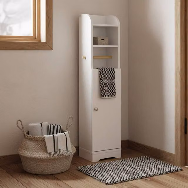 Wyld Haus Vale Compact Narrow White Bathroom Storage Cabinet with Internal Shelves and Open Shelf – 1