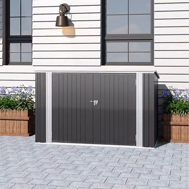 Livingandhome Metal Pent Roof Garden Shed with Single Door and Hinged Lid in Anthracite Black