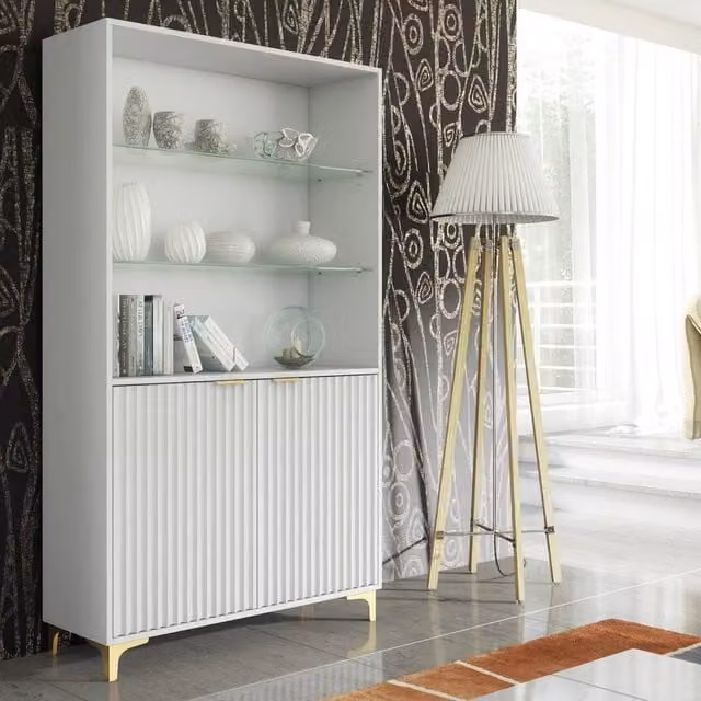 Creative Furniture Tide Crest Display Cabinet in White and Gold with Fluted Glass Doors, H 175 cm x W 100 cm x D 35 cm