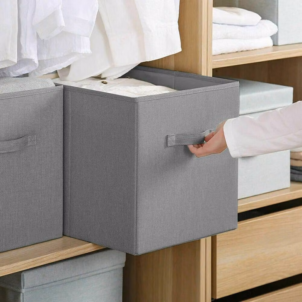 Kelvenix 4 Pack Grey Foldable Fabric and Cardboard Storage Boxes with Handles, W: 50 cm, D: 50 cm, H: 50 cm – 4