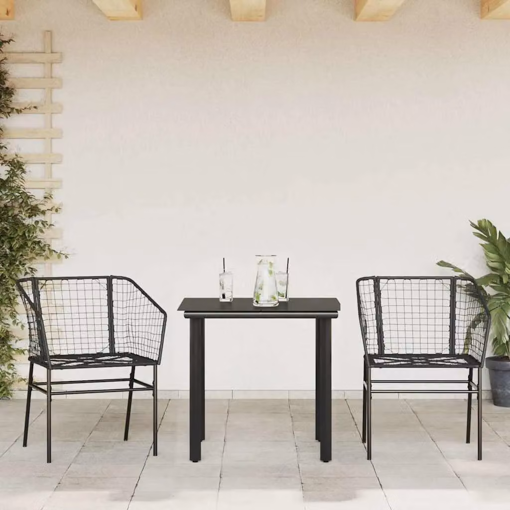 Berkfield Home 3 Piece Black Poly Rattan and Glass Garden Dining Set – 2