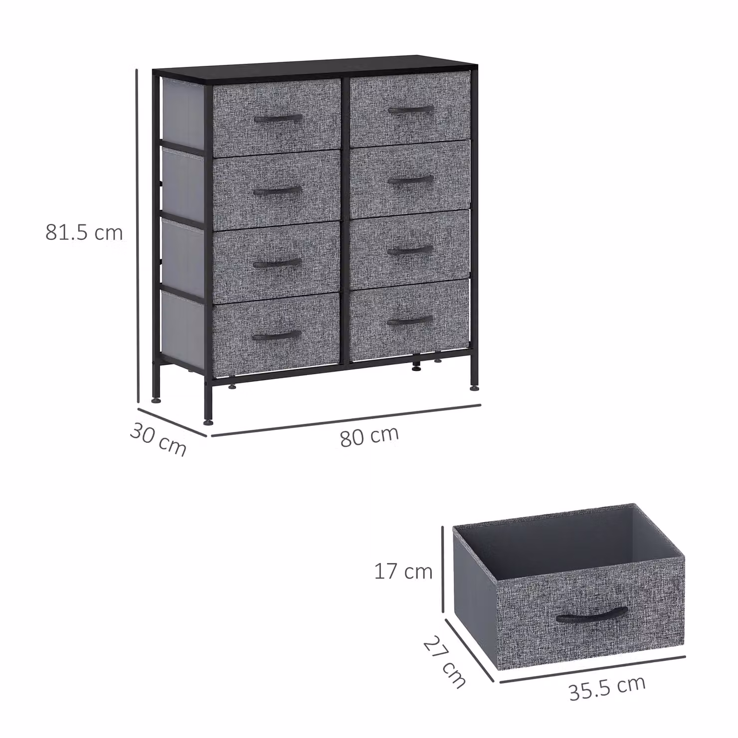 HOMCOM 8 Drawer Fabric Chest of Drawers with Wooden Top in Black – 3