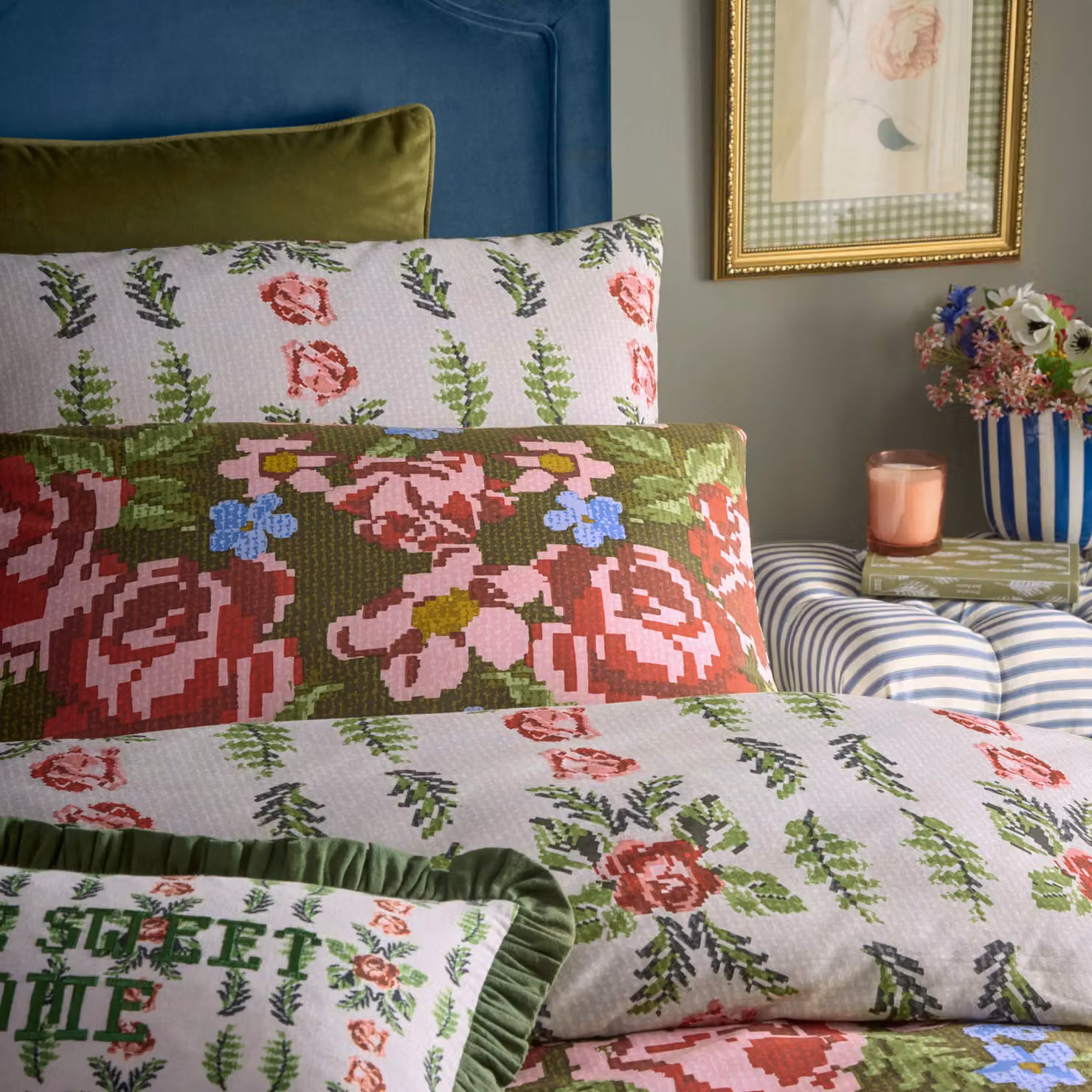 Furn Feeoni Reversible Floral Cottage Inspired Duvet Cover Set in Green, Pink and Multicolour, W/D/H: 200 x 200 cm – 2