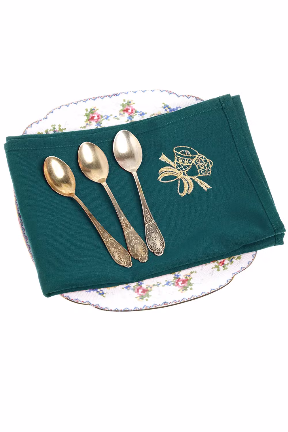 Neel Blue Christmas Table Napkins with Jingle Bell Embroidery, Blue, Green and Gold, 10 Pack – 3