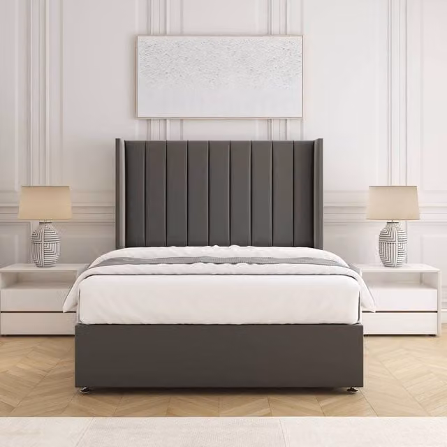 BSSPOKE Hannah Double Divan Bed Set with 54 inch Headboard and Mattress in Grey Plush Velvet, W/D/H: 140 x 200 cm