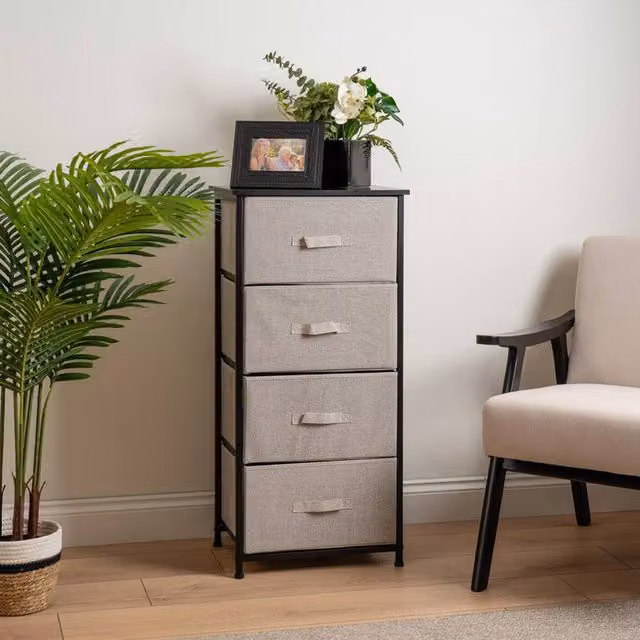 Scottish Everlastings Ltd 4 Drawer Black Cabinet with Beige Fabric Drawers W/D/H: 94 x 45 x 30 cm – 1