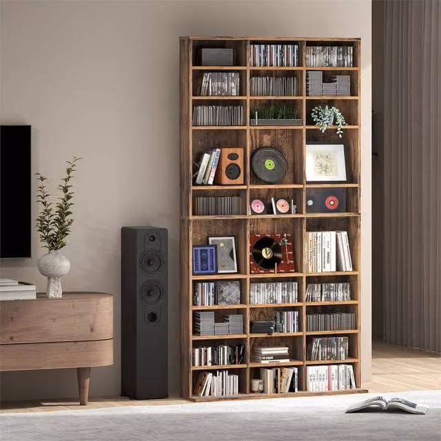 EONLION Rustic Brown Wood Storage Shelf with Adjustable Shelves and Media Compartments – 1