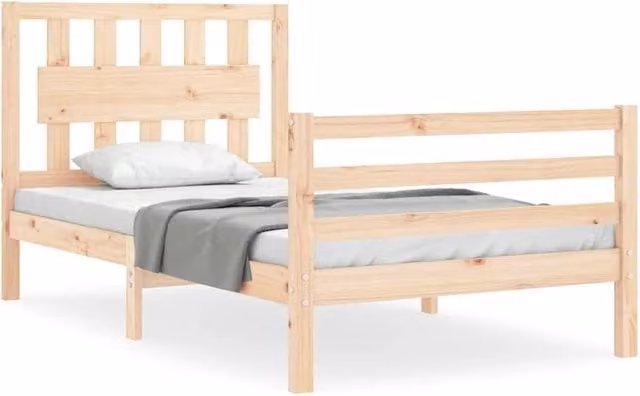 Berkfield Home Small Single Solid Wood Bed Frame with Headboard in Beige, W/D/H: 80 x 160 cm