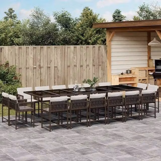 Berkfield Home 17 Piece Brown Poly Rattan Garden Dining Set with Cushions and Glass Tabletop