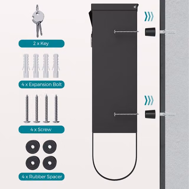 SONGMICS Wall-Mounted Steel Letterbox in Black