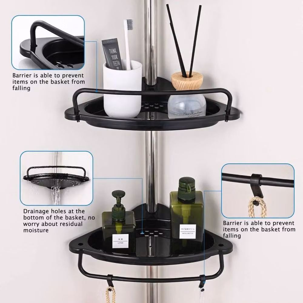 Kelvenix 4-Tier Black Matt Bathroom Shower Shelf with Adjustable Tension Rod and Hooks – 2