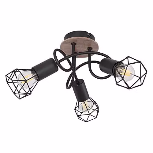 Netlighting Xara I Multi Arm Semi Flush Ceiling Lamp in Black and Brown with 3x E14 Wood and Metal Accents – 1