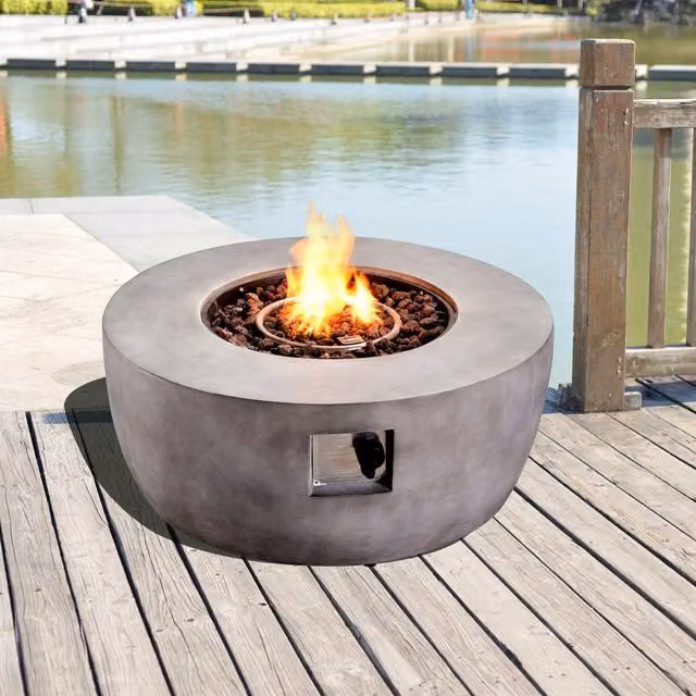 Teamson Home Modern Round Outdoor Gas Fire Pit in Grey Stone Finish