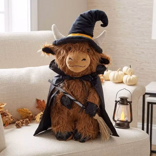 Garden Greatness Shaggy Halloween Witch Highland Cow Tabletop Decoration, Brown and Multicolour