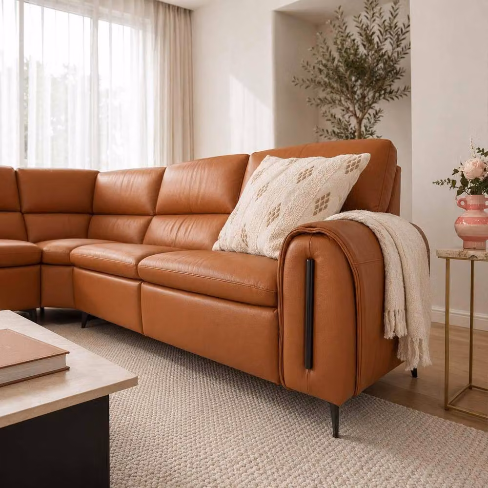 Furnishings For Less UK Aria L Shaped 5 Seater Electric Recliner Sofa in Tan Synthetic Leather with USB Charging and Scatter Cushions – 3