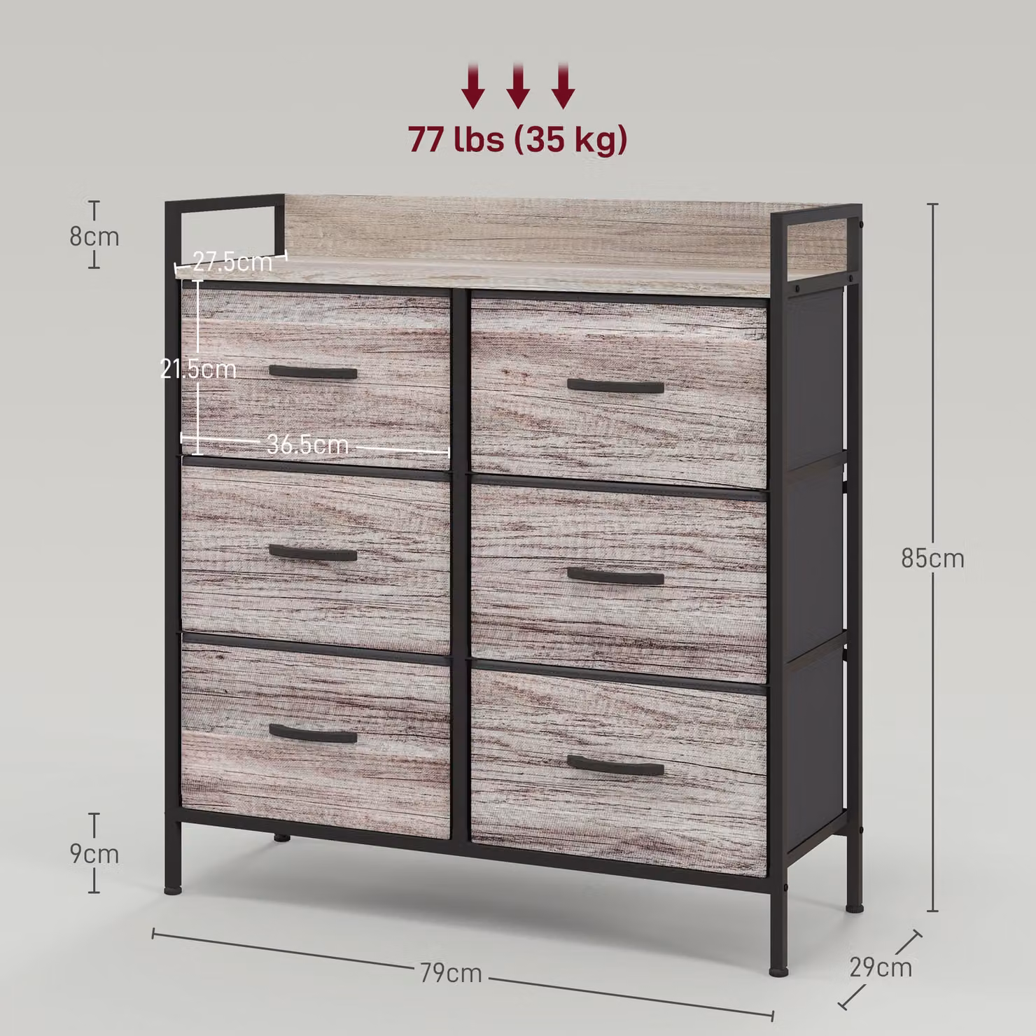 HOMCOM Rustic Grey Wood Effect Chest of Six Fabric Drawers – 3