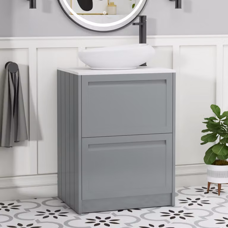 Royal Bathrooms Elmore 600mm Matt Pebble Grey Floor Standing 2 Drawer Countertop Vanity Unit with Nova Basin