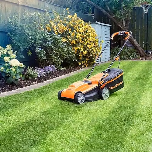 LawnMaster 34cm Electric Lawnmower in Orange with Fixed Steel Blade and Collection Bag – 2
