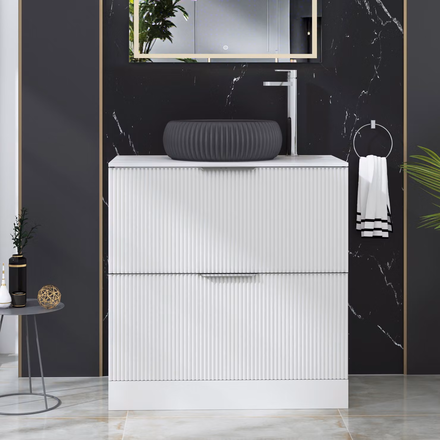 Royal Bathrooms Evora 800mm Matt White Fluted Floor Standing Countertop Vanity Unit with 2 Drawers and Milan Black Basin
