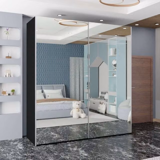 Sliding Wardrobes 4U Modern Double Door Sliding Wardrobe in Black, W: 200 cm, D: 62 cm, H: 217 cm