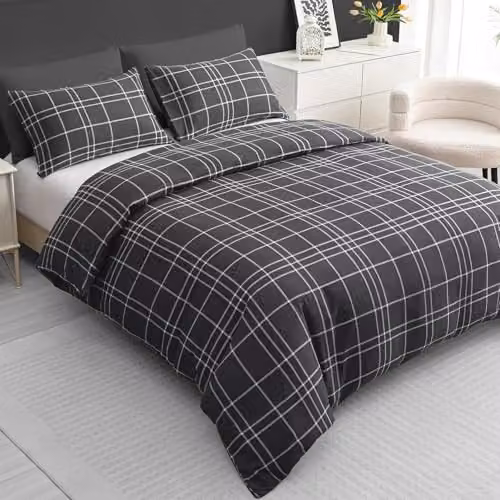 Grace 4 Piece Microfibre Reversible Duvet Cover Set with Fitted Sheet in Black or Grey, W/D/H: 200 x 200 x 40 cm – 4