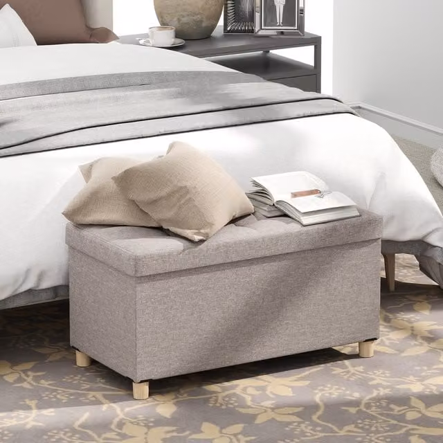 Costway Grey Linen Storage Ottoman Bench